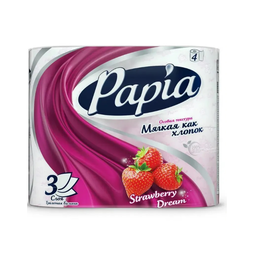 Бумага туалетная Papia с ароматом Strauberry Dream, 3 слоя, в упаковке 4 рулона