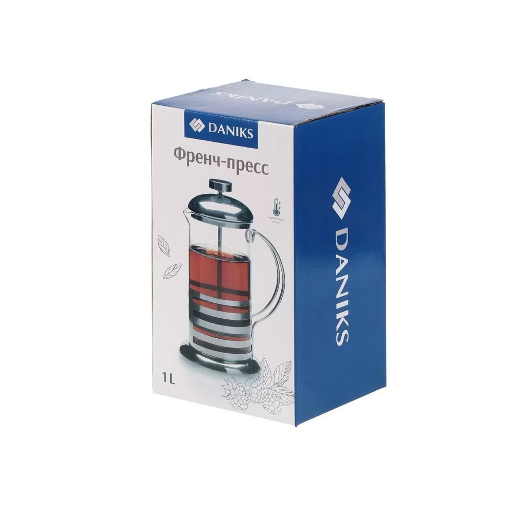 Френч-пресс Daniks Штрих, объем 1 литр, стекло, нержавеющая сталь, серебристый