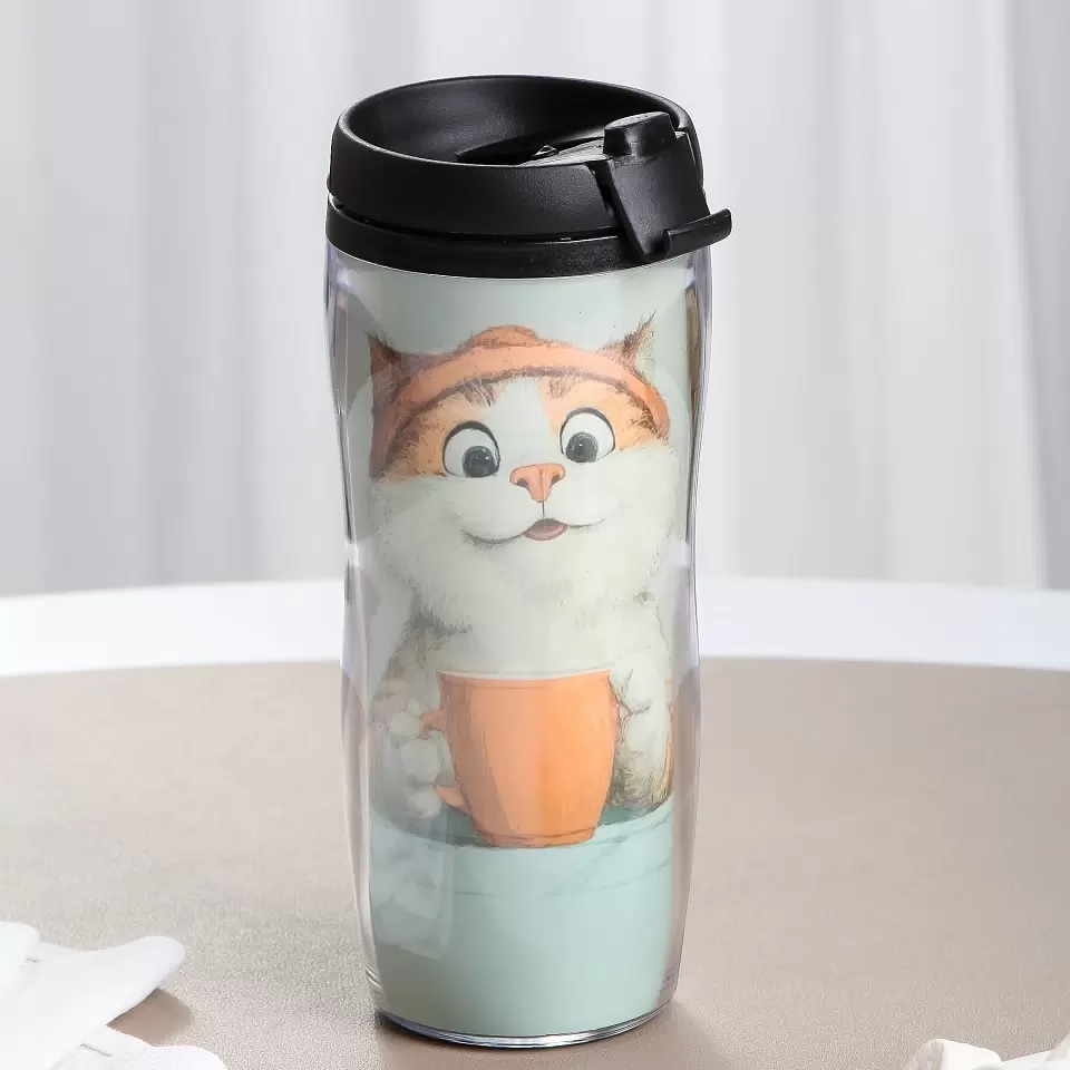 Термокружка Daniks Кот YYCF001-ct, пластиковый корпус и колба, цвет голубой, объем 380 мл