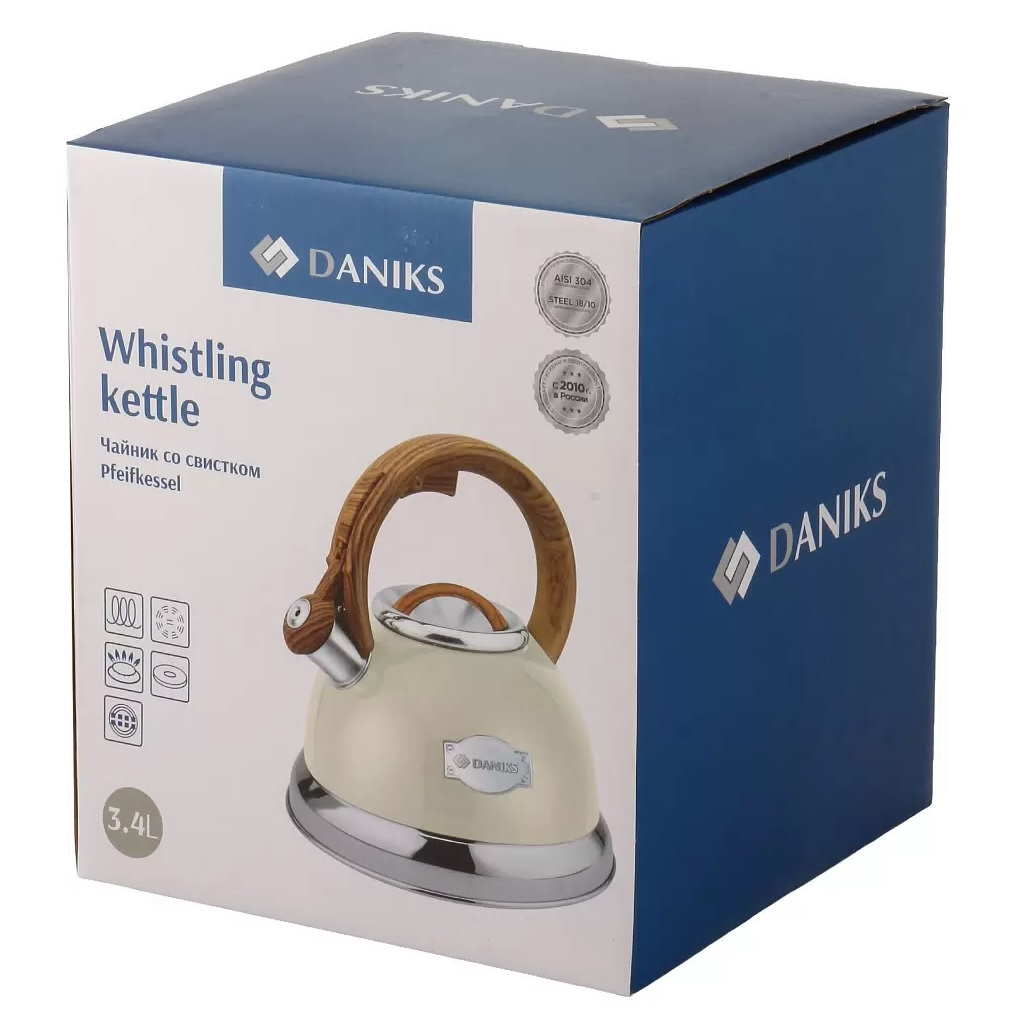 Чайник нержавеющая сталь Daniks GS-04083C 480191, со свистком, слоновая кость, индукция, 3.4 л