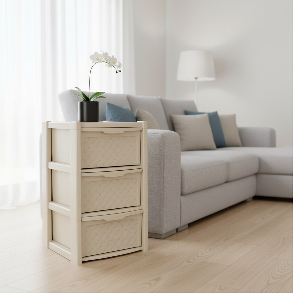 Комод Эльфпласт Виола 339, пластиковый, 3-х секционный, слоновая кость, 39х39х63.5 см