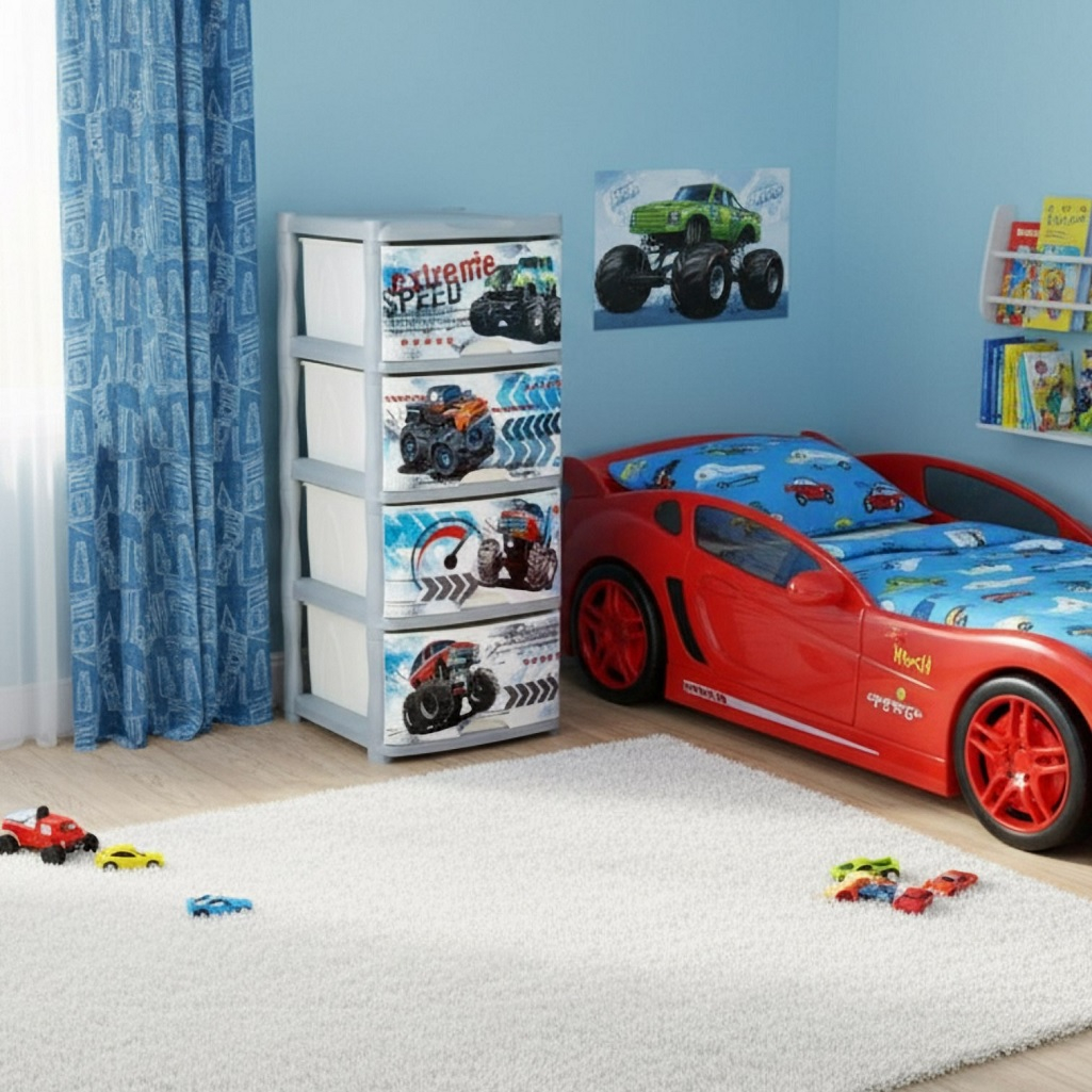 Комод четырехсекционный Little Angel Cool Супер трак, детский, серебристый