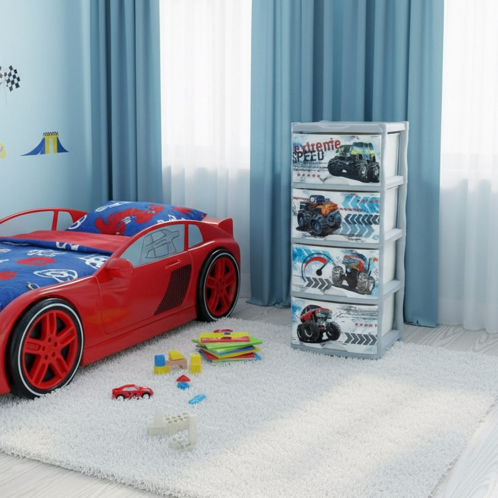 Комод четырехсекционный Little Angel Cool Супер трак, детский, серебристый