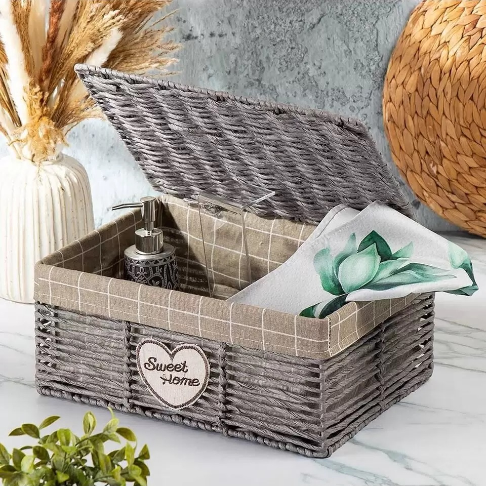 Корзина прямоугольная Y4-7632, плетеная, с крышкой, текстильная вкладка, 110х200х300 мм