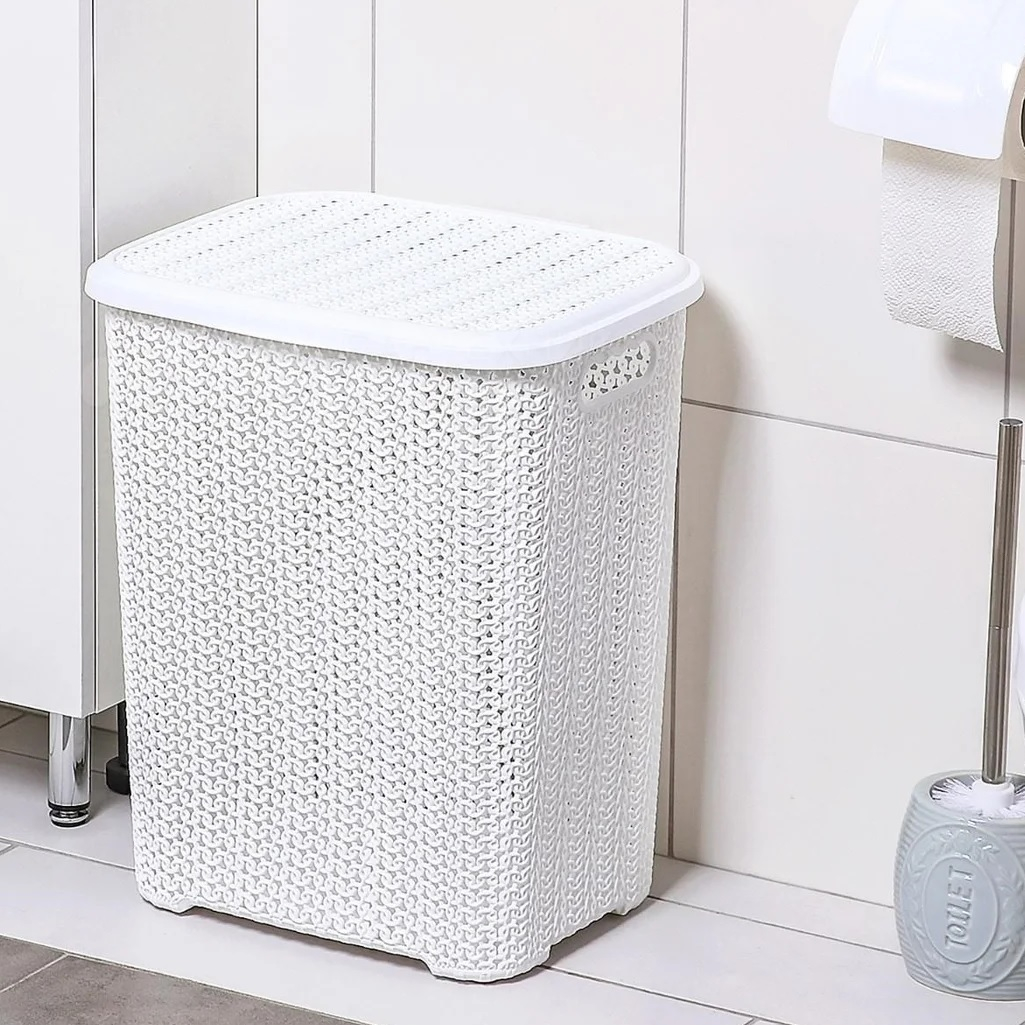 Корзина для белья VIiolet Вязь 204006, с крышкой, пластик, белая, 320х380х460 мм, 40 л