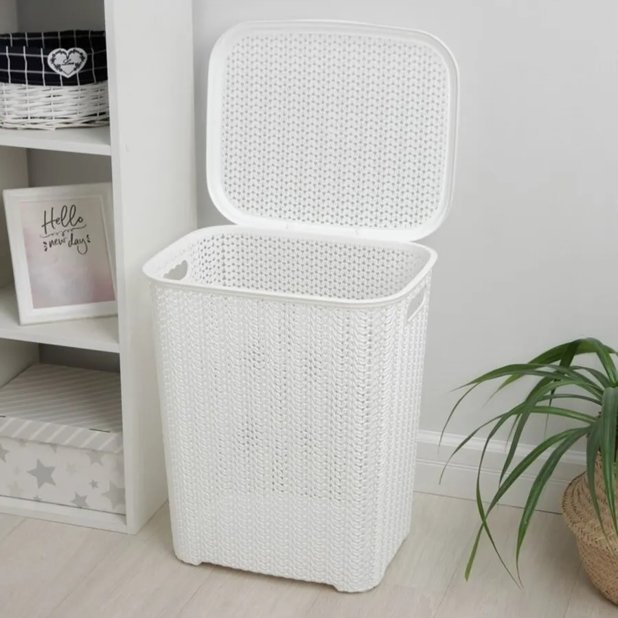 Корзина для белья VIiolet Вязь 206006, с крышкой, пластик, белая, 360х440х520 мм, 60 л