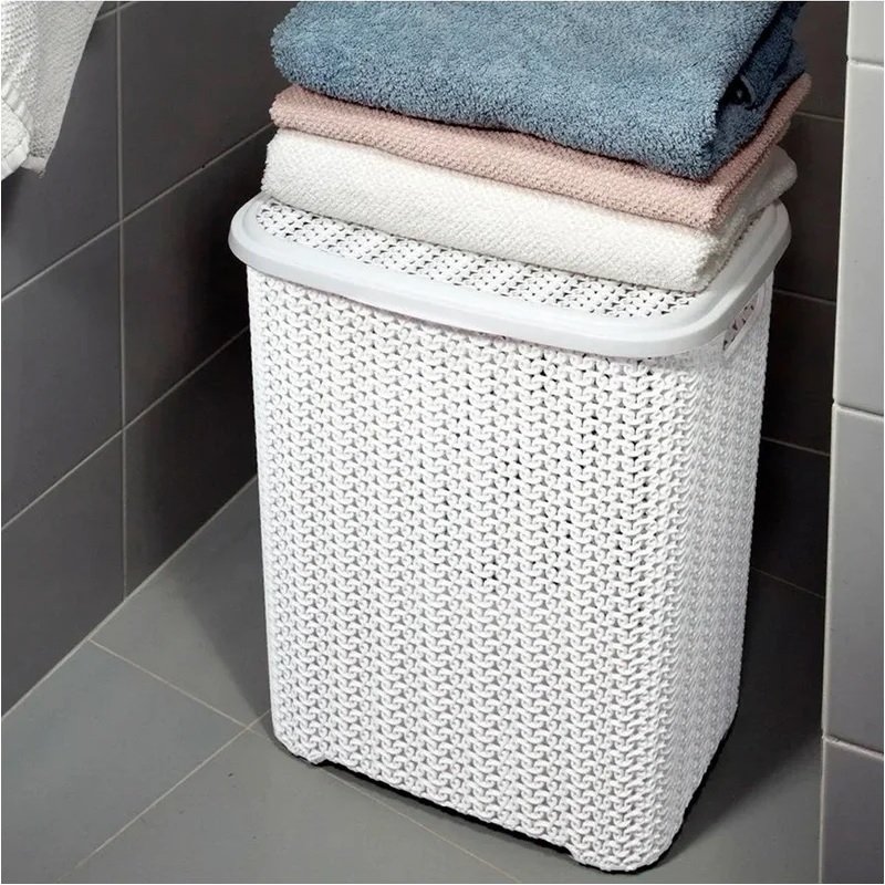 Корзина для белья VIiolet Вязь 206006, с крышкой, пластик, белая, 360х440х520 мм, 60 л
