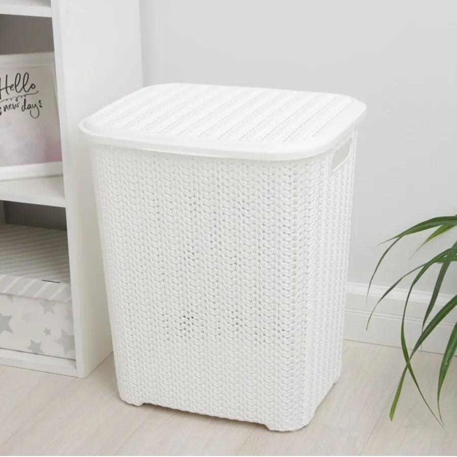 Корзина для белья VIiolet Вязь 206006, с крышкой, пластик, белая, 360х440х520 мм, 60 л