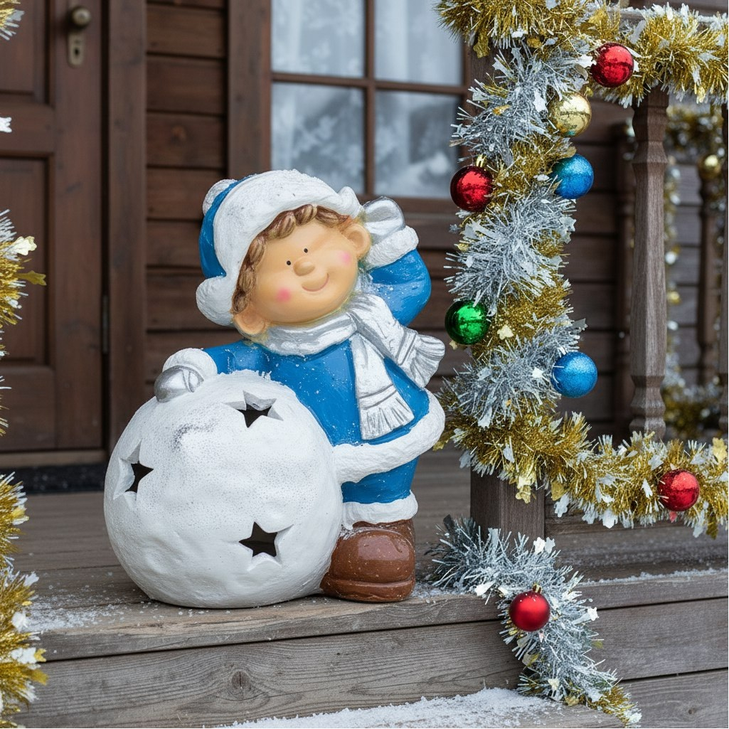 Скульптура-фигура для сада Мальчик около шара, полистоун, 23х34х36 см