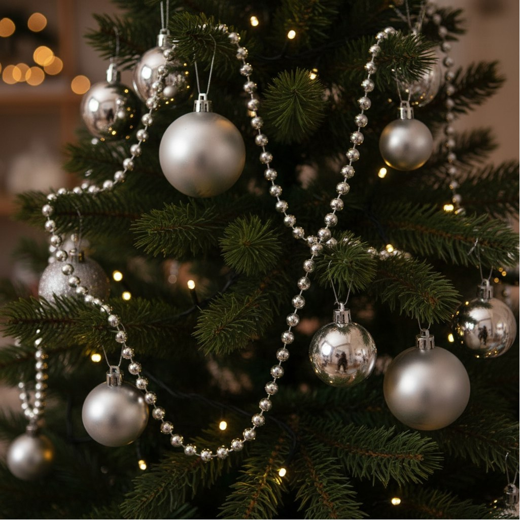 Бусы новогодние SY18ZL-81 S, пластик, круглые, серебряные, 1.4х500 см