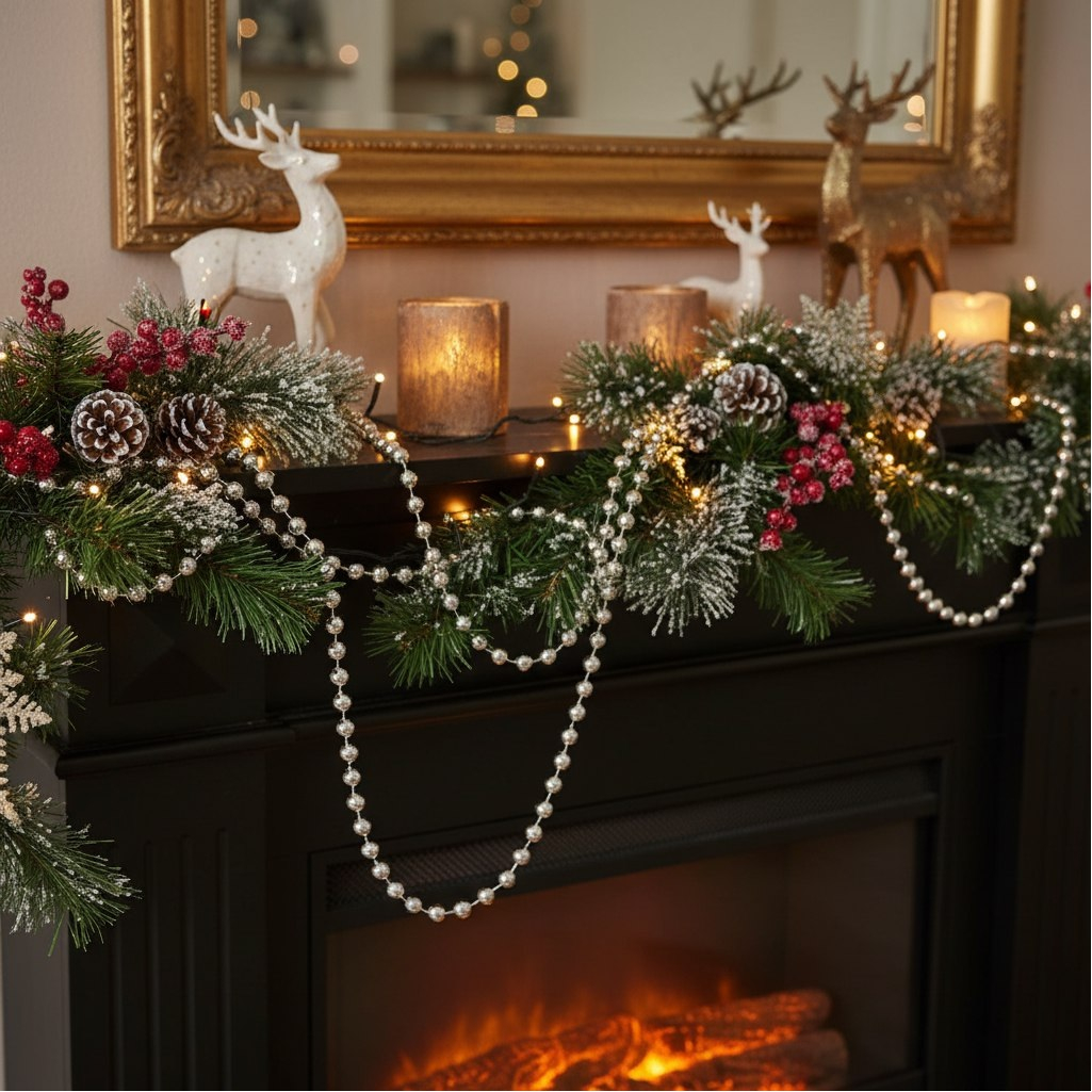 Бусы новогодние SY18ZL-81 S, пластик, круглые, серебряные, 1.4х500 см