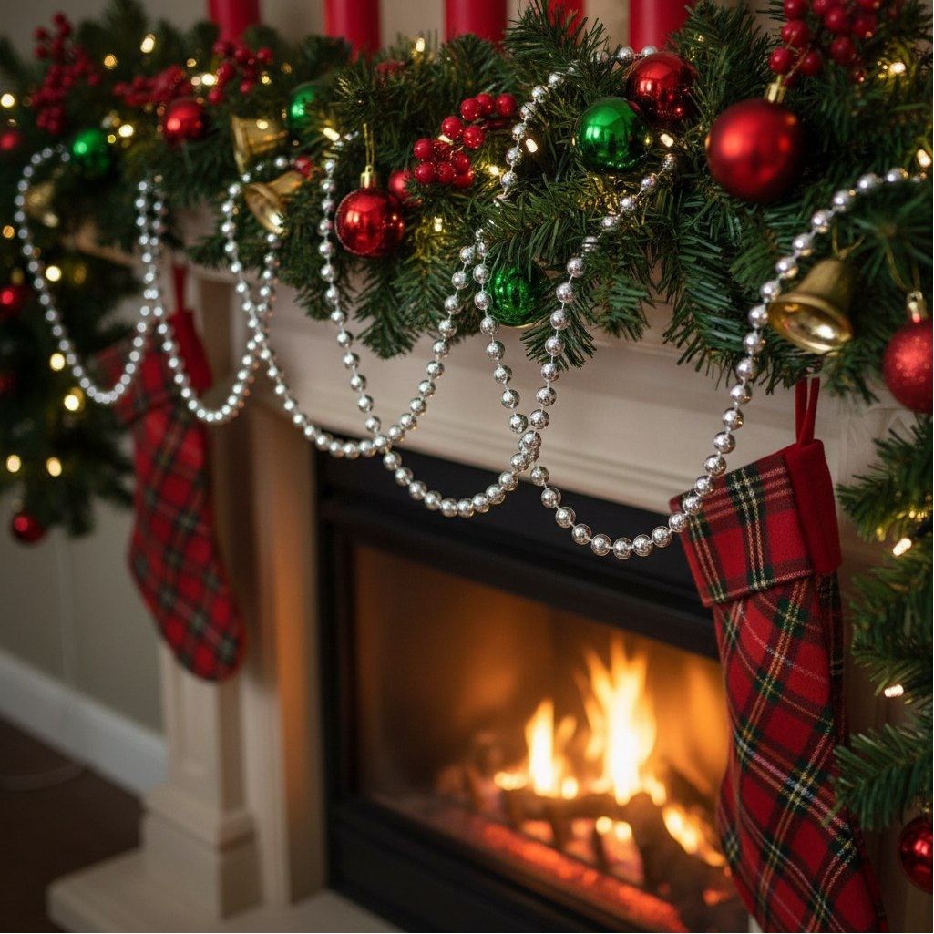 Бусы новогодние SY18ZL-81 S, пластик, круглые, серебряные, 1.4х500 см