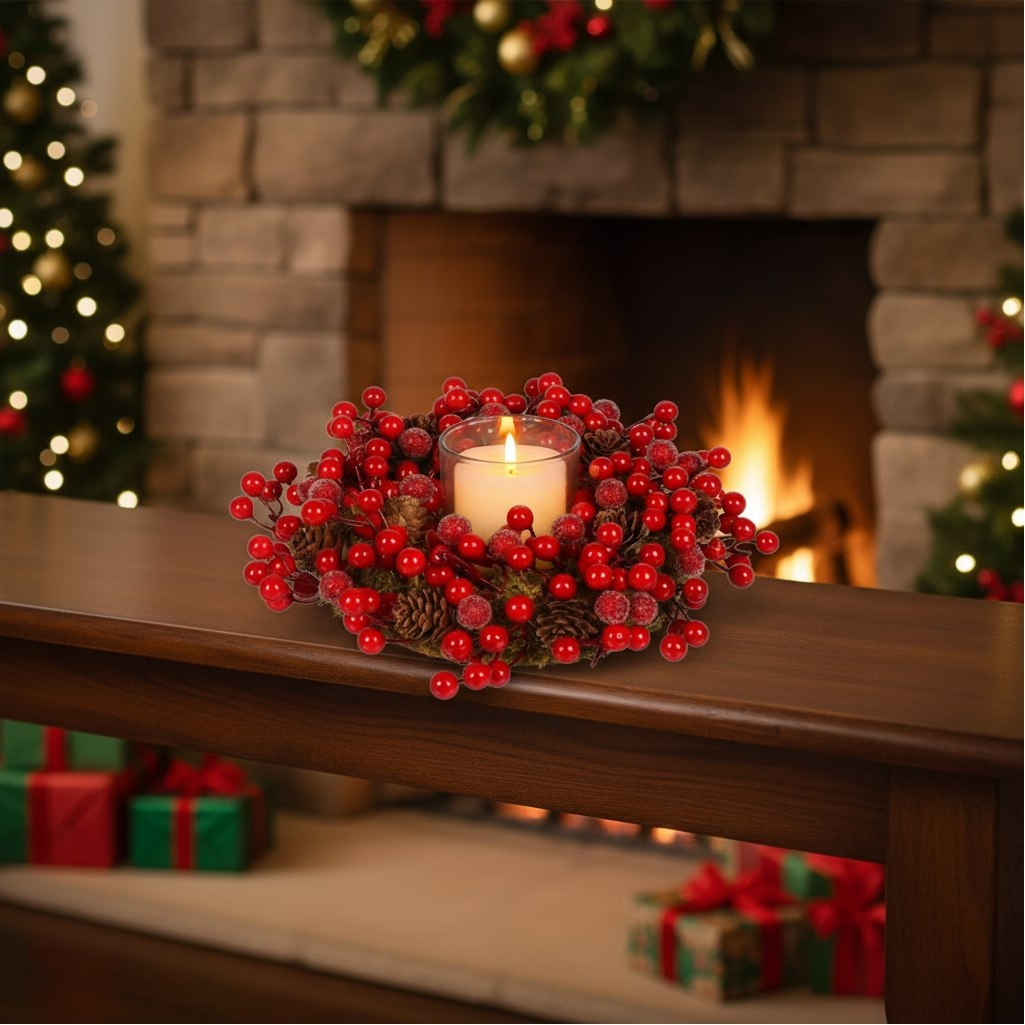 Подсвечник SYSGZSA-4623021, 1 свеча, с ягодами, для свечи до 9 см, коричнево-красный