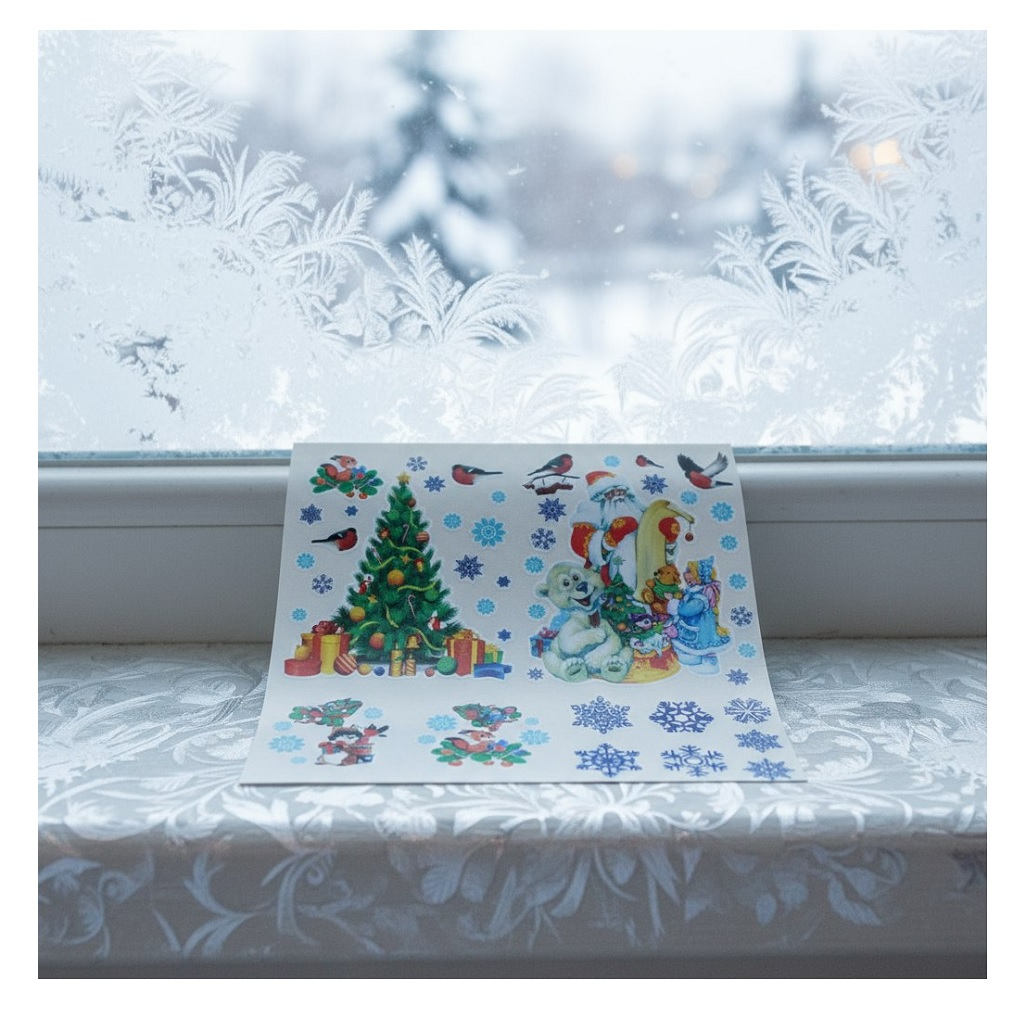 Набор наклеек на окна Новогодний 4573436, ёлочка, снегири, Дед Мороз, 36х36 см