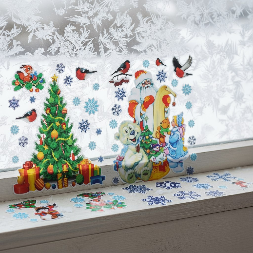 Набор наклеек на окна Новогодний 4573436, ёлочка, снегири, Дед Мороз, 36х36 см