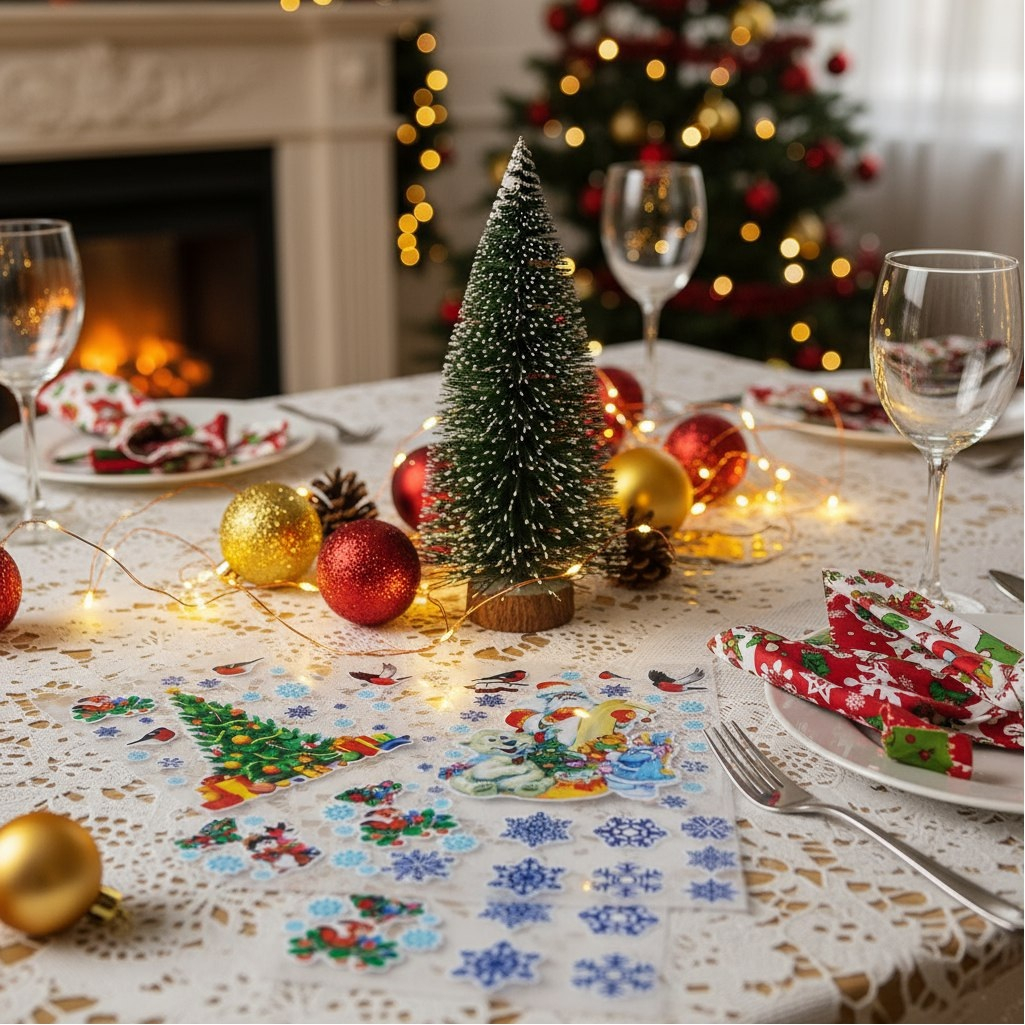 Набор наклеек на окна Новогодний 4573436, ёлочка, снегири, Дед Мороз, 36х36 см