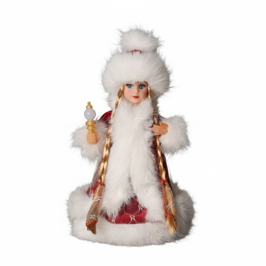 Снегурочка под ёлку Зимнее волшебство 10481685, в пушистой шубке, подсветка, красный, 30 см