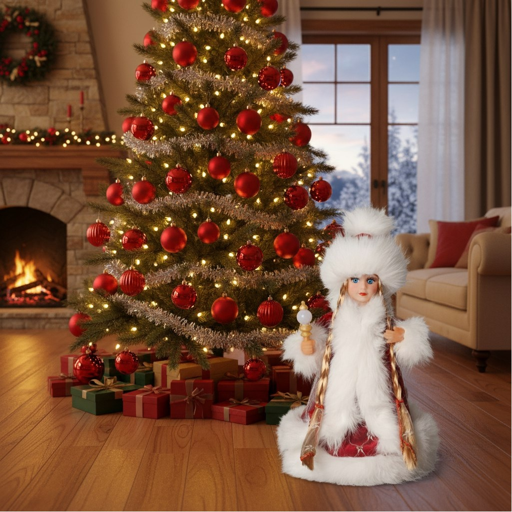 Снегурочка под ёлку Зимнее волшебство 10481685, в пушистой шубке, подсветка, красный, 30 см