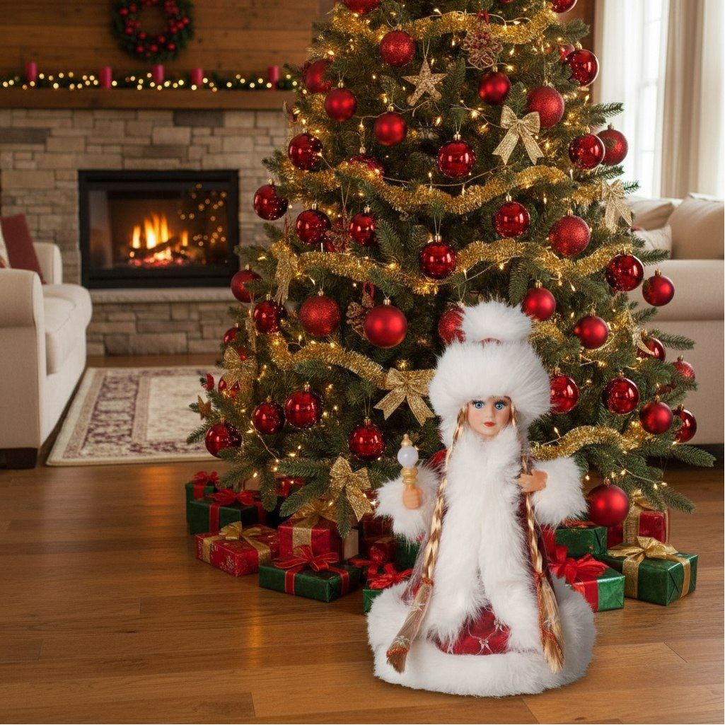 Снегурочка под ёлку Зимнее волшебство 10481685, в пушистой шубке, подсветка, красный, 30 см