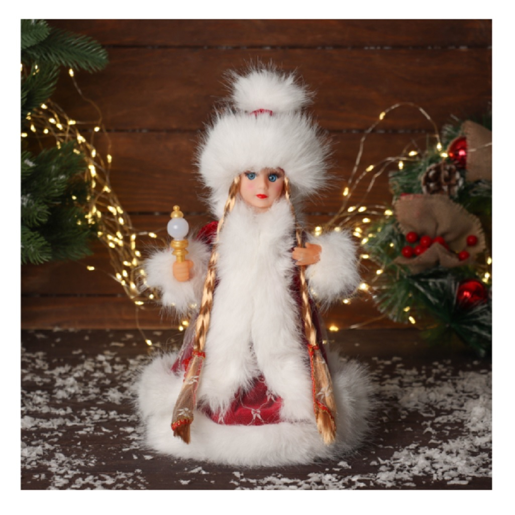 Снегурочка под ёлку Зимнее волшебство 10481685, в пушистой шубке, подсветка, красный, 30 см