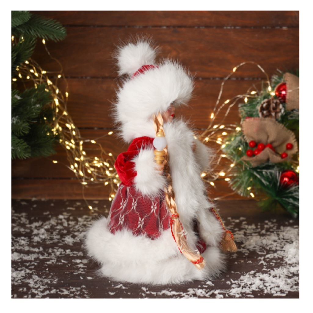 Снегурочка под ёлку Зимнее волшебство 10481685, в пушистой шубке, подсветка, красный, 30 см