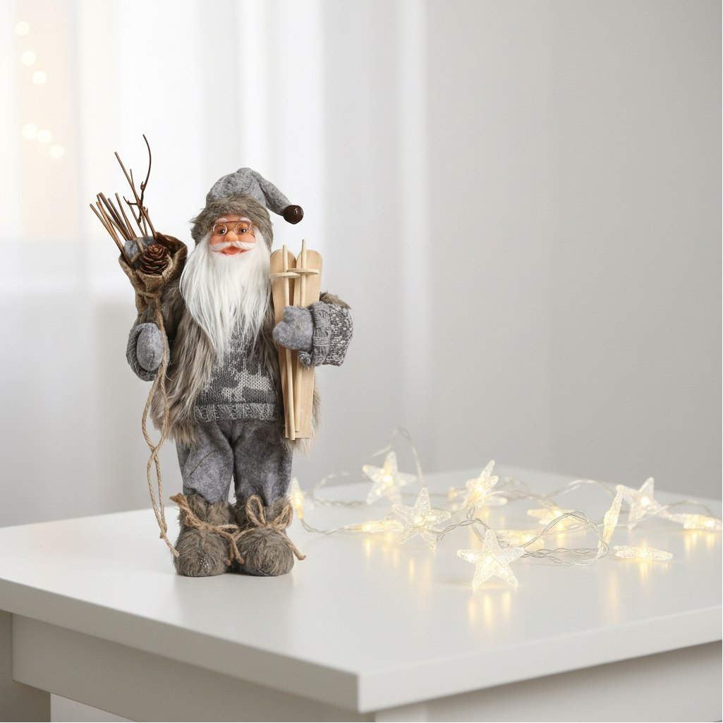 Фигура декоративная Зимнее волшебство 5036023, под ёлку, Дед Мороз в сером костюме с лыжами, 30 см