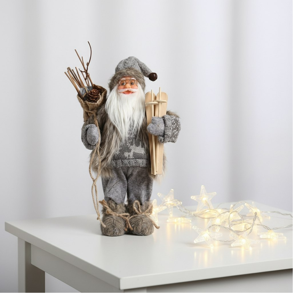 Фигура декоративная Зимнее волшебство 5036023, под ёлку, Дед Мороз в сером костюме с лыжами, 30 см