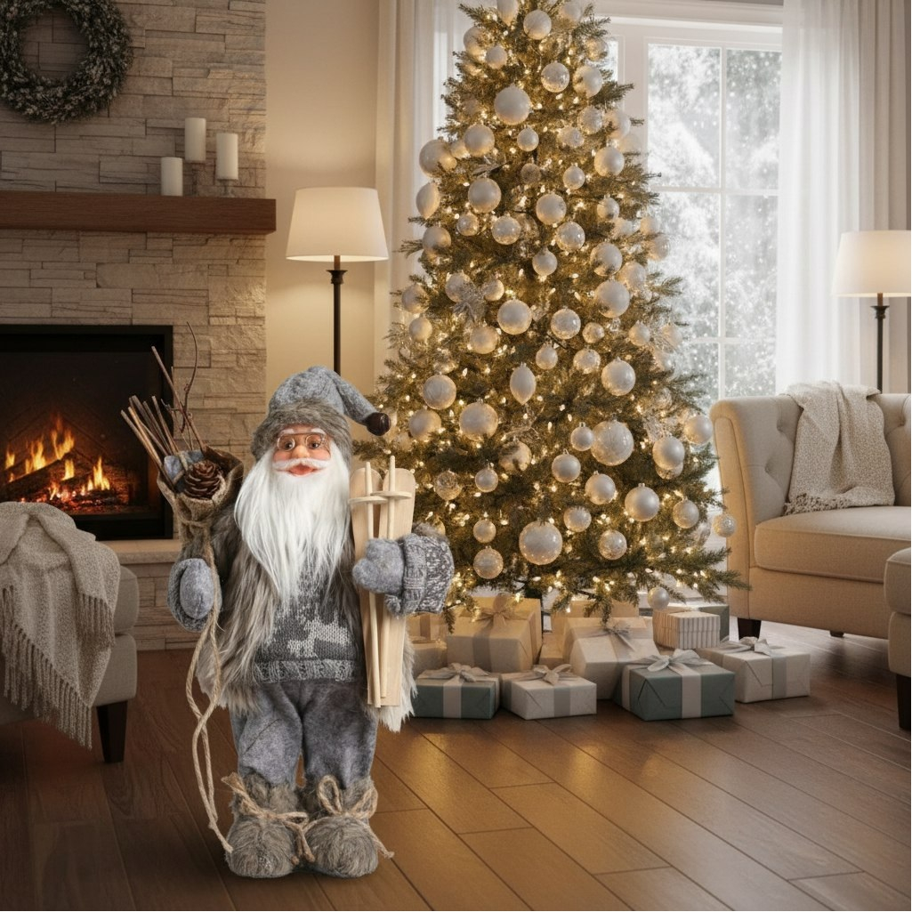 Фигура декоративная Зимнее волшебство 5036023, под ёлку, Дед Мороз в сером костюме с лыжами, 30 см