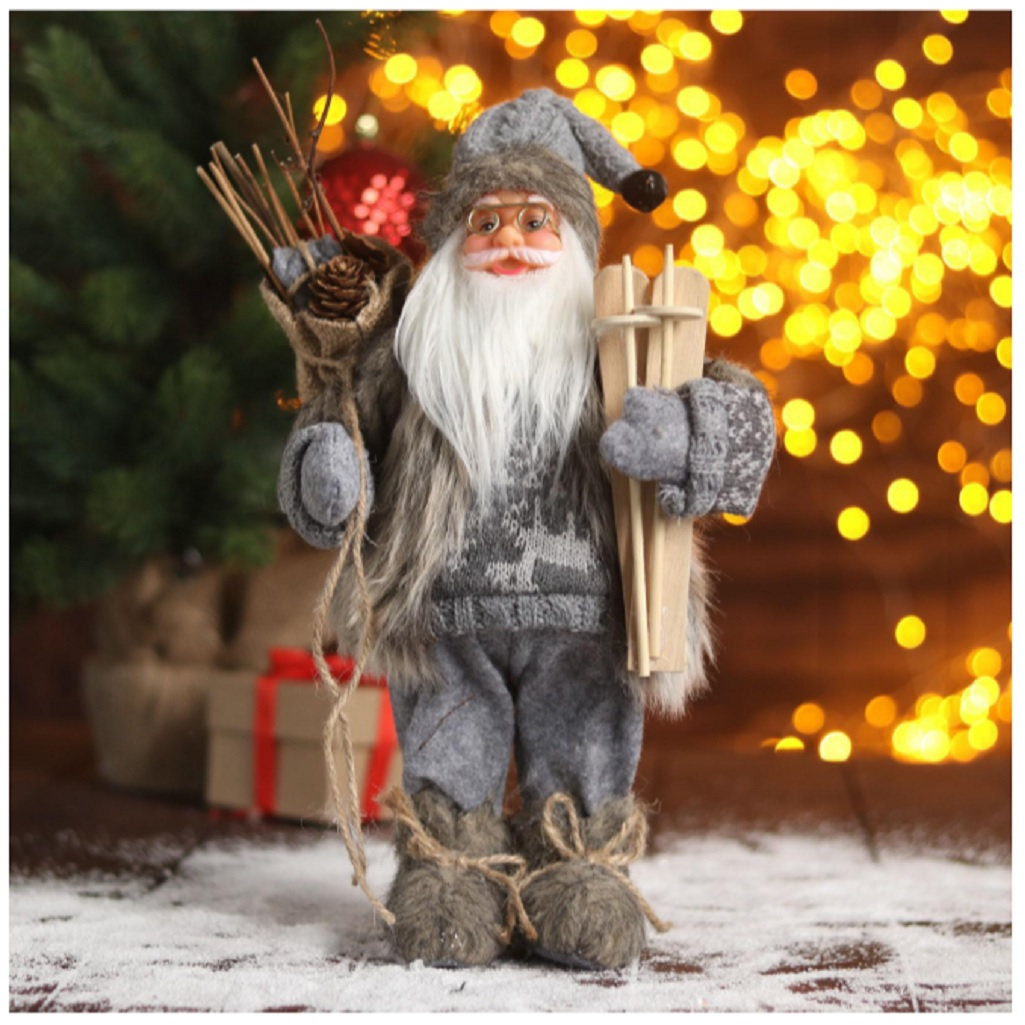 Фигура декоративная Зимнее волшебство 5036023, под ёлку, Дед Мороз в сером костюме с лыжами, 30 см