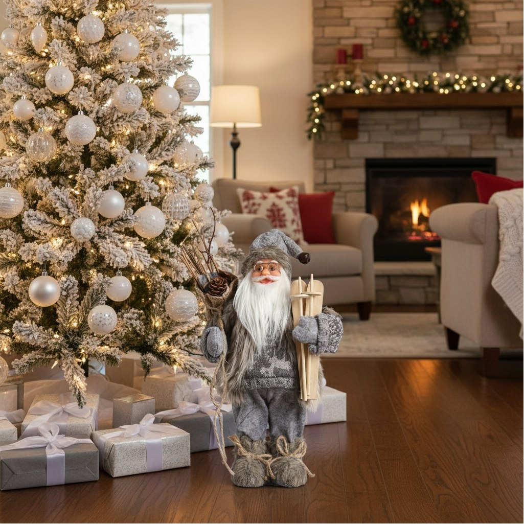 Фигура декоративная Зимнее волшебство 5036023, под ёлку, Дед Мороз в сером костюме с лыжами, 30 см