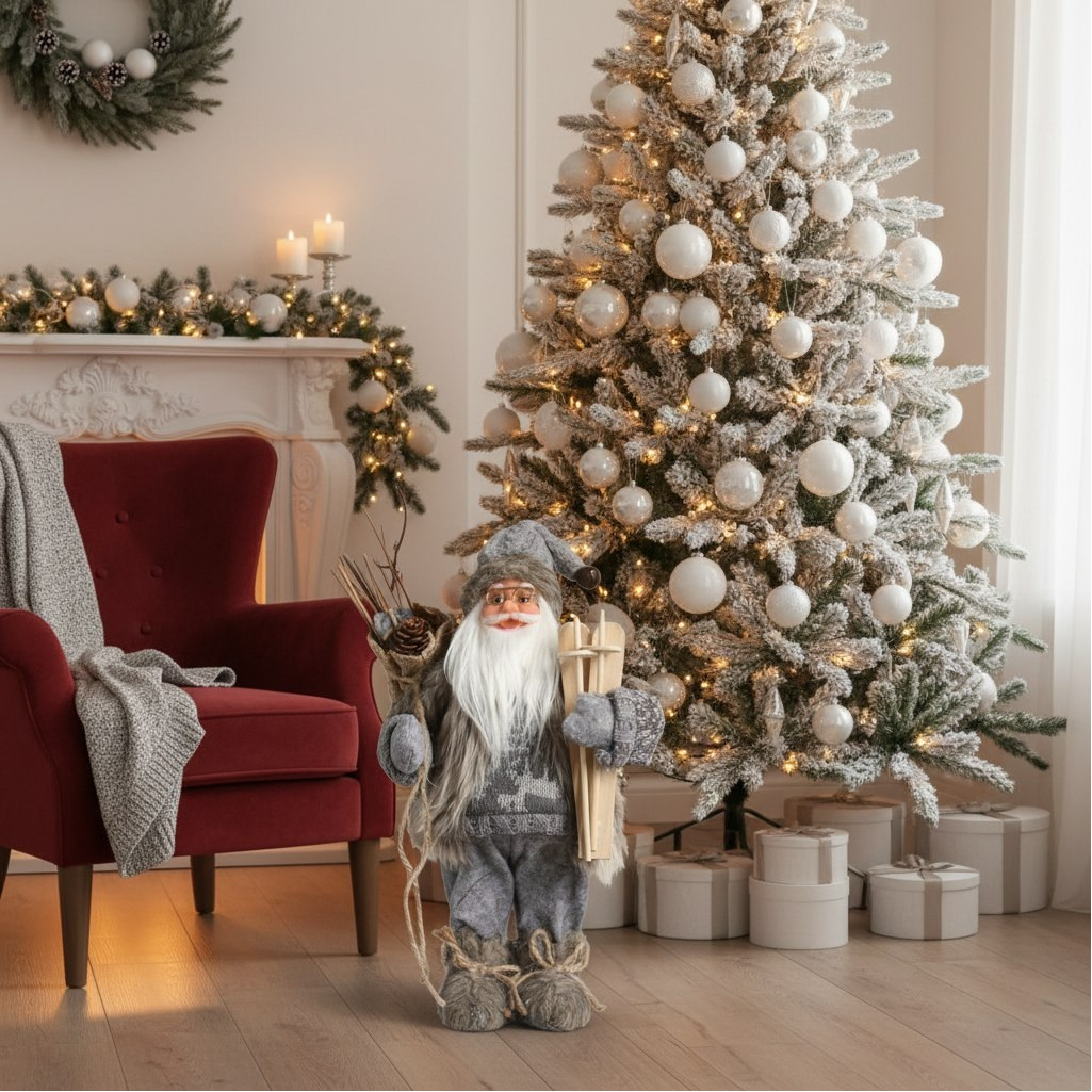 Фигура декоративная Зимнее волшебство 5036023, под ёлку, Дед Мороз в сером костюме с лыжами, 30 см