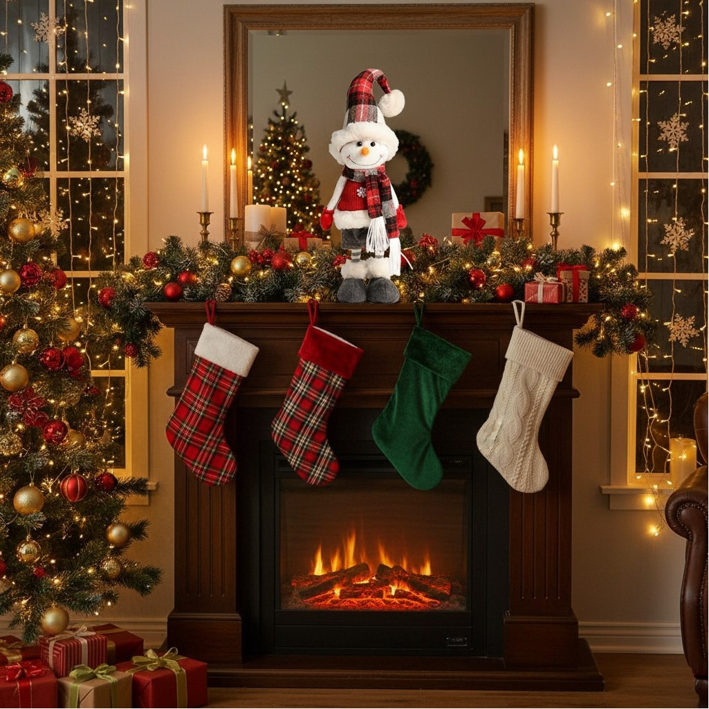 Кукла интерьерная Simaland 9488067, Снеговик в жилете со снежинкой и клетчатом колпаке, 44 см