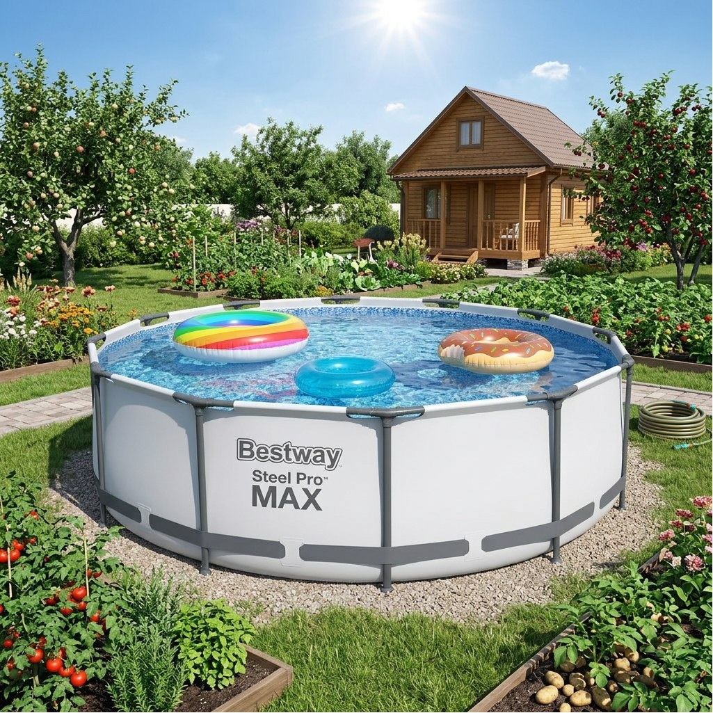 Бассейн каркасный Bestway Round Steel Pro Max, с фильтр-насосом и лестницей, серый, 100х366 см