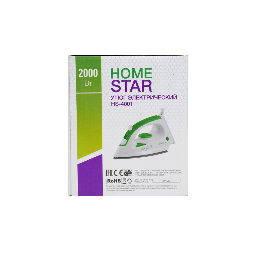 Утюг HomeStar HS-4001 4837, 2000 Вт, подошва с тефлоновым покрытием, бело-зеленый