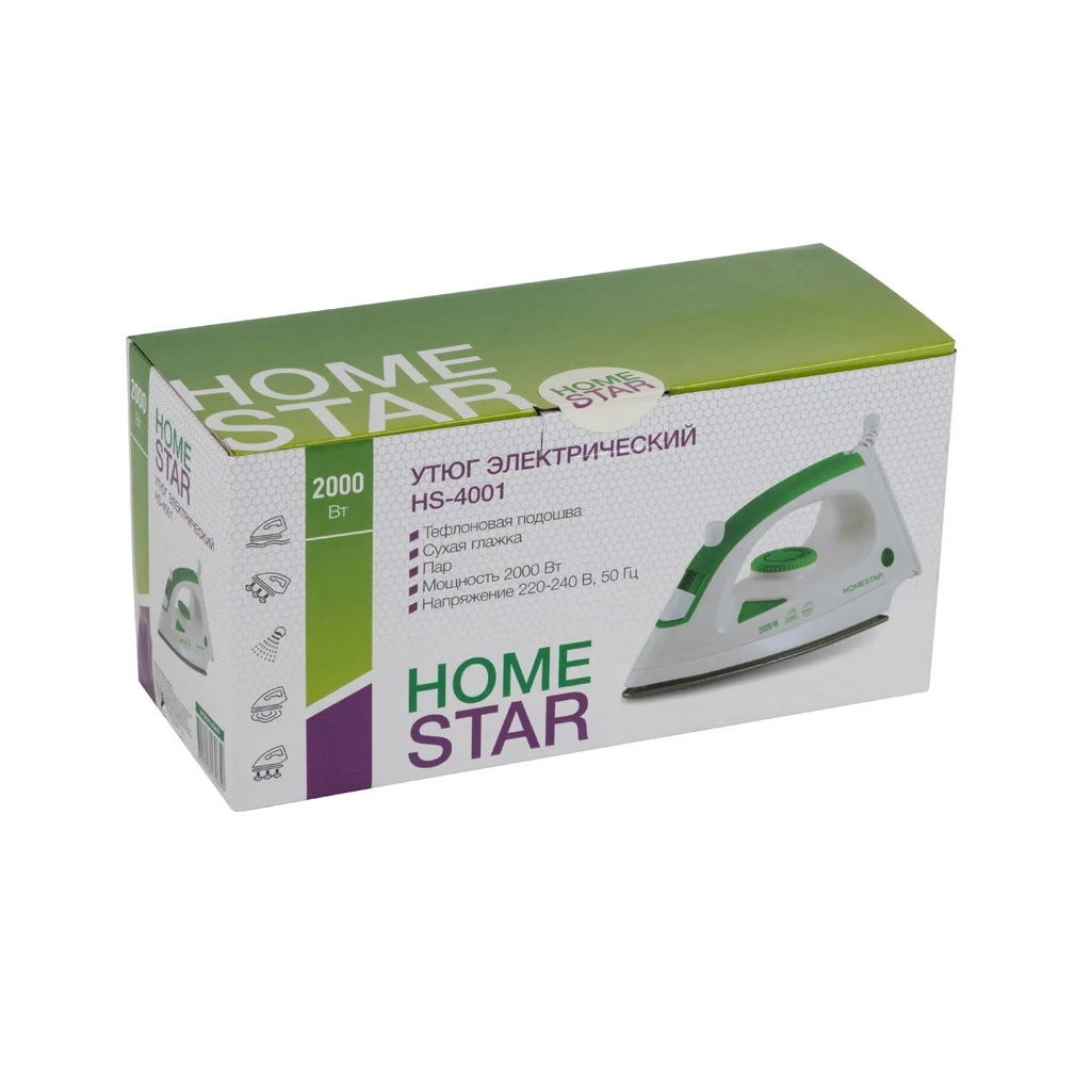 Утюг HomeStar HS-4001 4837, 2000 Вт, подошва с тефлоновым покрытием, бело-зеленый