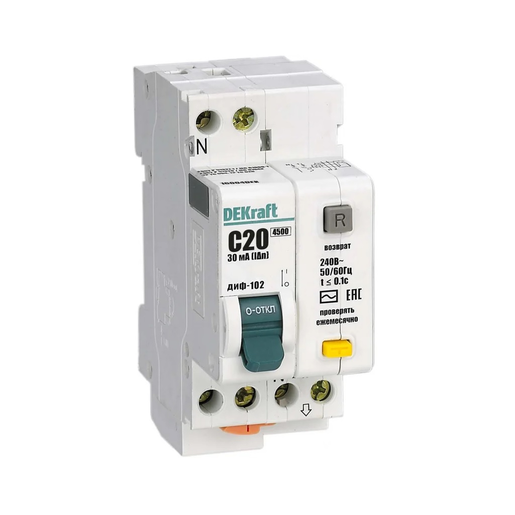 Выключатель автоматический дифференциального тока DeKraft 16004DEK, ДИФ-102, 2п, C20А, 30мА  