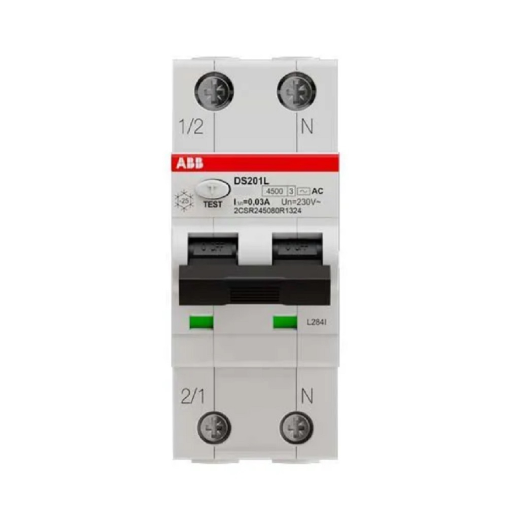 Дифавтомат ABB DS201, 2П, 16 А, 30мА, 6 кА, электромеханический