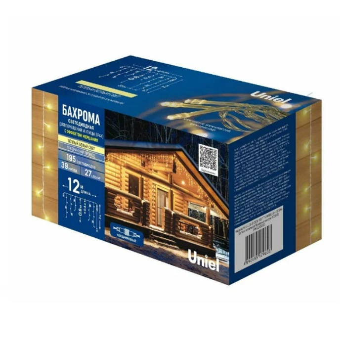 Гирлянда светодиодная с эффектом мерцания Uniel ULD-B12006-195/TTK Warm White бахрома IP44, теплый белый, 12 м