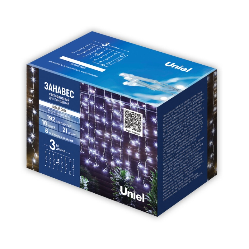 Гирлянда светодиодная Uniel ULD-C3030-192/DTA занавес 3х3 м, IP20, нейтральный белый, 3 м