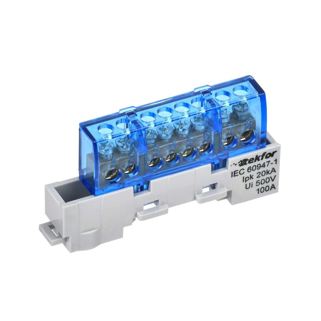 Шина изолированная на DIN-рейку Tekfor IEK TF-NN10-08-KL-K07, N ноль, на универсальном держателе, синяя