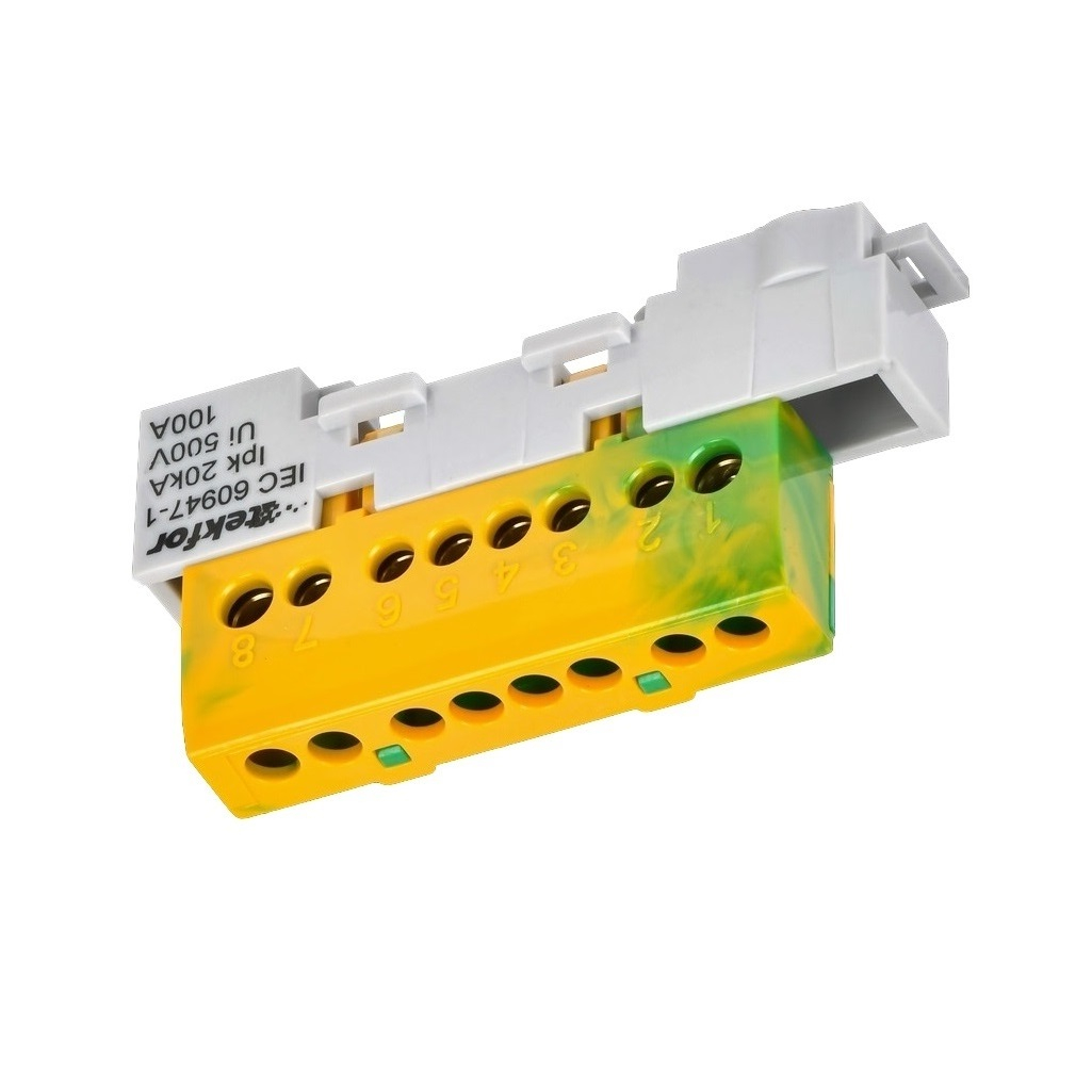 Шина изолированная Tekfor KSN- 6х9-8-ЖЗ 1853103, РЕ, земля, на DIN-рейку, 8 модулей, 100А, на универсальном держателе 