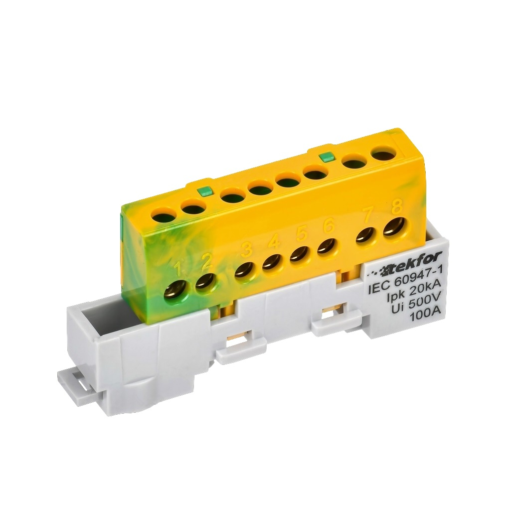 Шина изолированная Tekfor KSN- 6х9-8-ЖЗ 1853103, РЕ, земля, на DIN-рейку, 8 модулей, 100А, на универсальном держателе 