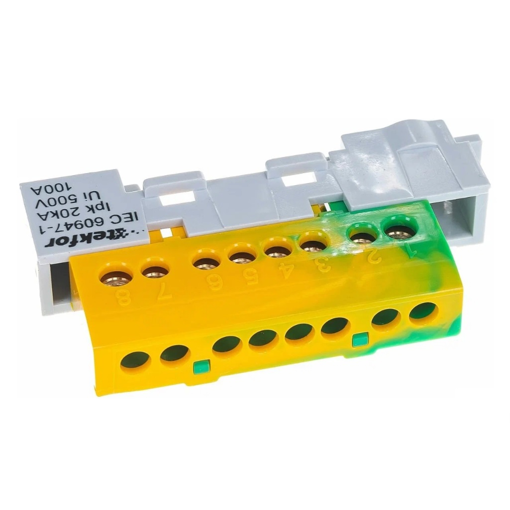 Шина изолированная Tekfor KSN- 6х9-8-ЖЗ 1853103, РЕ, земля, на DIN-рейку, 8 модулей, 100А, на универсальном держателе 