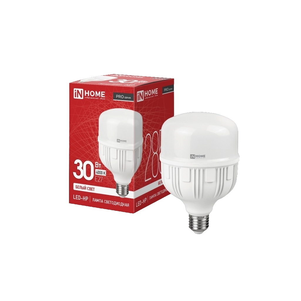 Лампа светодиодная In Home LED-HP-PRO, 4690612031071, 30Вт, 230В, Е27, 4000К, белый свет