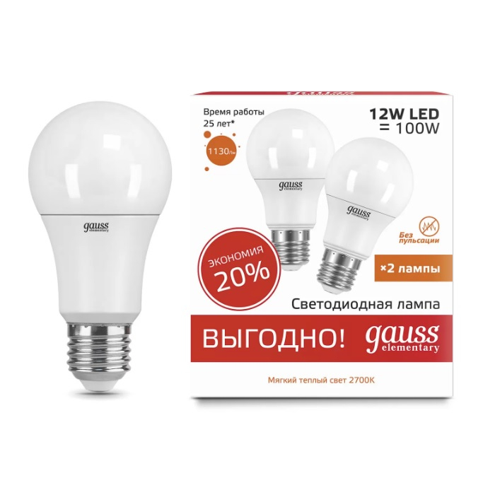 Лампа Gauss Elementary A60 12W 3000K E27 2 лампы в упаковке LED 