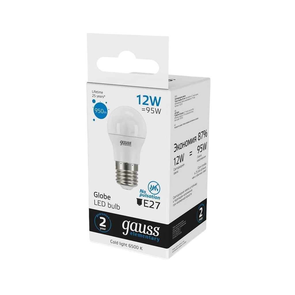 Лампа светодиодная Gauss Elementary Шар 53232, Е27, 12Вт, 6500К, холодный белый свет