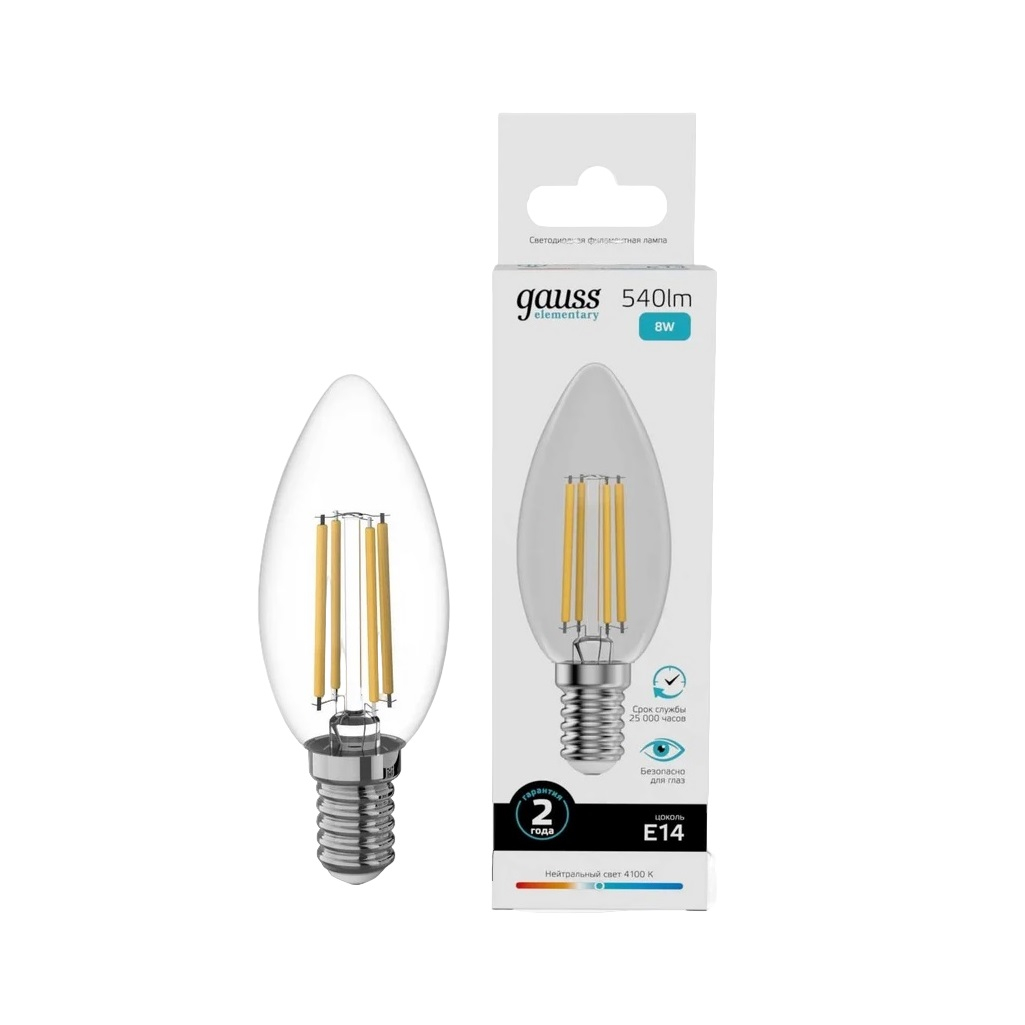 Лампа светодиодная филаментная Gauss Filament Elementary Свеча 32128, 8Вт, Е14, 4100К, нейтральный белый свет