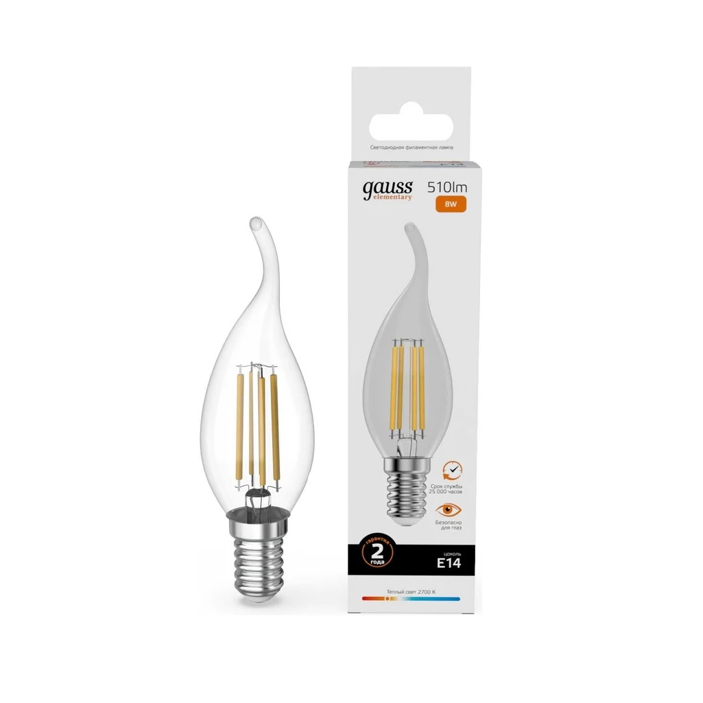 Лампа светодиодная филаментная Gauss Filament Elementary Свеча на ветру 42118, 8Вт, Е14, 2700К, теплый белый свет