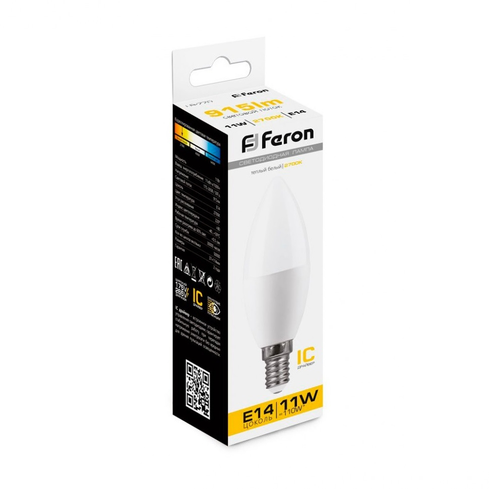 Лампа светодиодная Feron LB-770 Свеча 25941, E14, 11W, 175-265V, 2700K, теплый белый свет