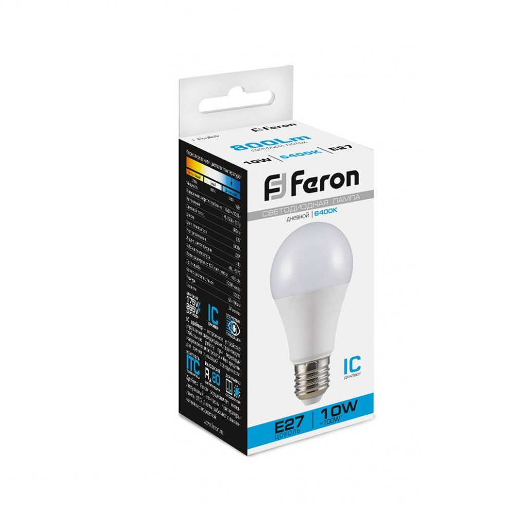 Лампа светодиодная Feron LB-92 Шар 25459, E27, 10W, 175-265V, 6400K, дневной свет